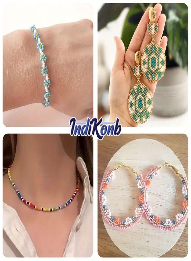 INDIKONB 15 Multicolor Shiny Opaque Luster Glass Seed Beads Kit with Nylon Thread | 3mm Small Beads for Jewellery Making, Beading, Embroidery, Art & Craft (Size 8/0) - Image 5